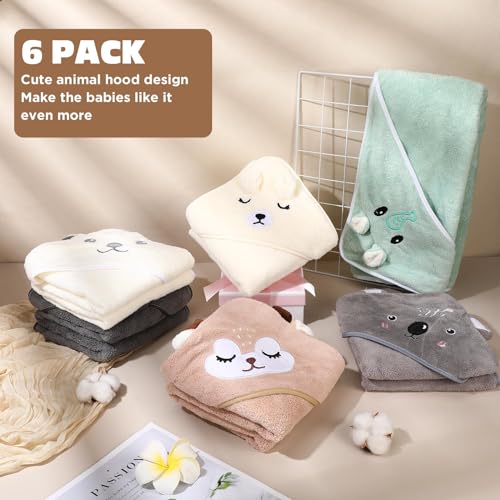 Image of SmoothNovelty 6 Pack Baby Hooded Towels Infants and Toddlers Coral Fleece Baby Bath Towels 31.5 x 31.5 Inch Absorbent Cute Soft Newborn Bath Essentials Gifts for Boys & Girls(Multicolor,Classic)