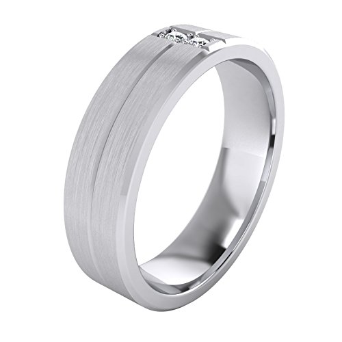 Heavy Sterling Silver 6mm Unisex Wedding Band Simulated Diamonds Ring Comfort Fit Grooved Brushed Bevelled Edges