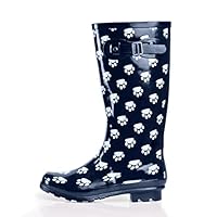 NORTY Women's Hurricane Wellie Rain Boots - High-Calf Length - Glossy Matte Waterproof Rubber Shoes - Navy Paw Print Size 8