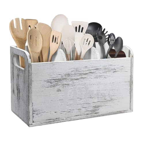 Soporte para utensilios de cocina | Soporte de madera con 3 compartimentos, estuche de utensilios de cocina de granja, herramienta de almacenamiento vintage con asas para batidores, cucharas