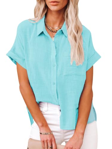 Womens Casual Cotton Linen Button Down Short Sleeve Shirts Solid Summer Beach Blouses Tops with...