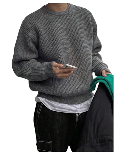 OYOANGLE Men's Crewneck Sweater Long Sleeve Drop Shoulder Loose Pullover Sweaters