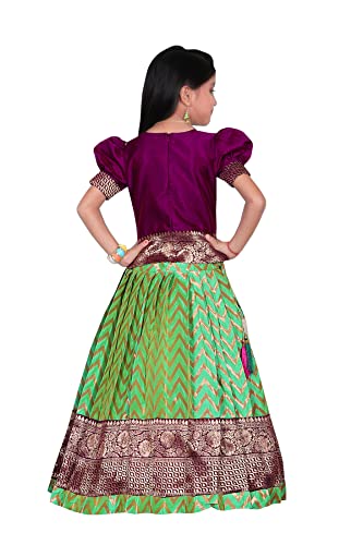 Image of FELIZ THE DESIGNER STUDIO Girl's Readymade Traditional Pattu Pavadai Lehenga Choli Kids( Purple-Pista 9-10 Years )