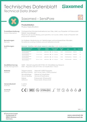 Saxomed SensiPore Pflaster 25 Stück - Wundpflaster steril 15x8 - Wundauflage nicht haftend 10x4 cm - steriler Wundverband sensitiv - Akute Wundversorgung und postoperatives Verbandsmaterial