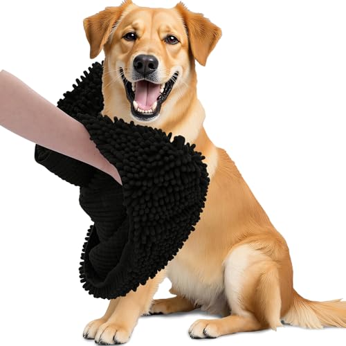 Image of OLANLY Chenille Dog Bath Towel 31x13, Ultra Absorbent Quick Dry Pet Towel, Extra Soft Washable Plush Towel for Large Dogs & Puppies, Indoor Outdoor Use, Black