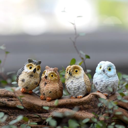 Purple Star Mini Owls 4 Pack Tiny Owls Little Owl Figurines Mini Resin Animals Figures Miniature Owl Fairy Garden Micro Landscape Cake Topper Decorations Gifts White