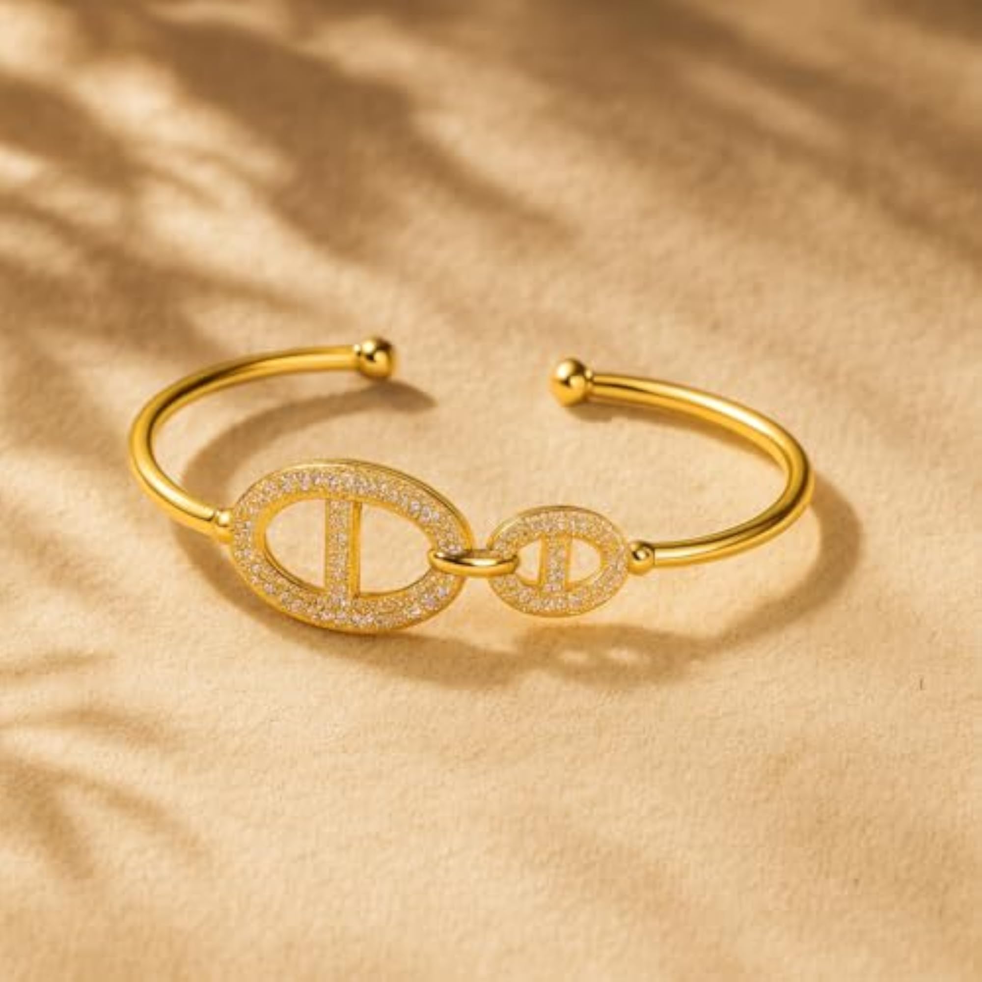Women's Double Oval Gold Open Cuff Bracelet, Elegant Design