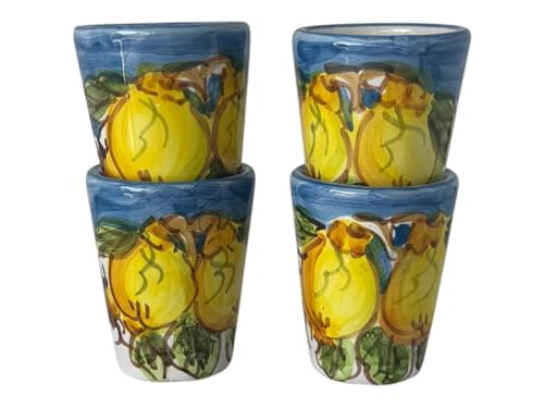 Hand Painted Italian Ceramic Shot Glasses Set of 4, 1.2 oz Lemon Limoncello Cups, Blue Ceramic Shot Glass Set, Mediterranean Pottery Drinkware, Handmade Tequila & Tasting Cups