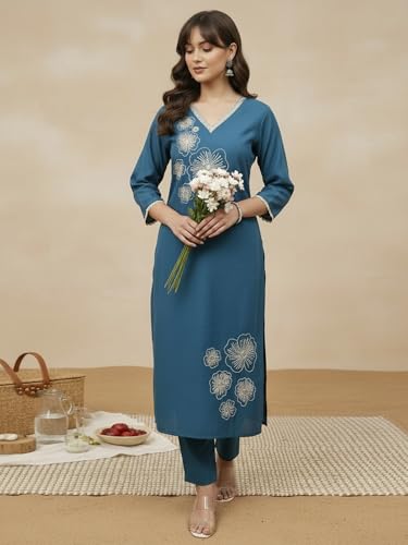 Image of INDO ERA Womens Silk Blend Printed Straight Kurta Pant Set (IESTR5624)