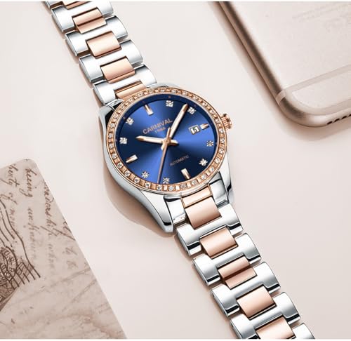 Image of Women's Diamond Automatic Mechanical Rose Gold Stainless Steel Sapphire Waterproof Lady's Elegant Blue Watch