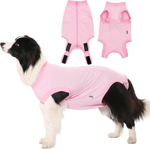 Image of Dog Surgery Recovery Suit Dogs Neuter Spay Female Male Protective Clothes,Pink-White Striped M
