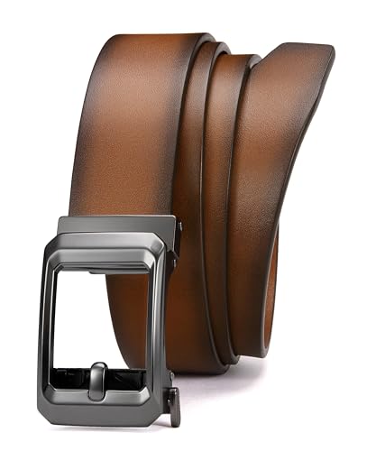 Image of Chaoren Leather Ratchet Belt 2 Pack Dress with Click Sliding Buckle 1 3 /8 inch in Gift Set Box - Adjustable Trim to Fit