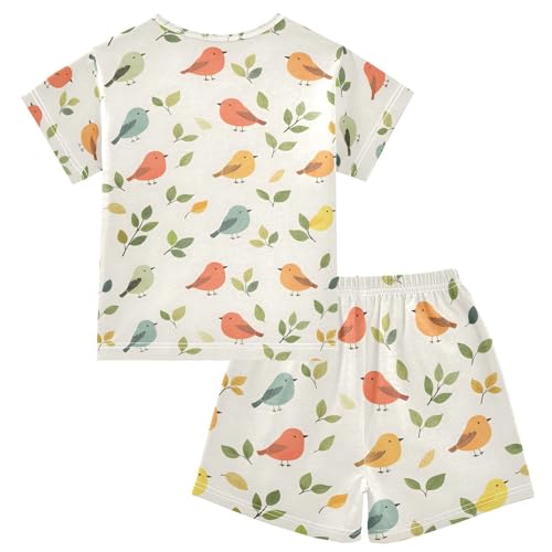 ALAZA Bird Leaves Cartoon Pajamas Set Short Sleeve Cotton Sleepwear Summer Pjs 2 Piece 5-14Y2