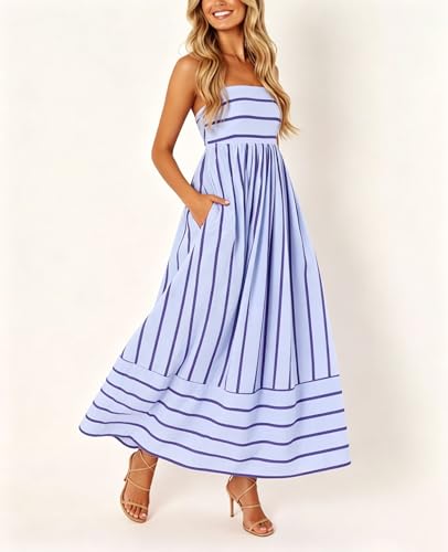 Image of chouyatou Women's Striped Back Smocked Maxi Dress Sexy Spaghetti Strap Cut Out Flowy Swing Long Dress