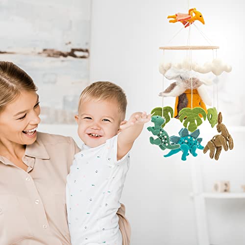 Glaciart One Baby Nursery Dinosaur Mobile For Crib |Gender Neutral Mobile For Woodland Theme Nursery Decor | Felt Hanging Dino And Volcano Room Decorations Handmade From Natural Wool | Great Gift Idea #TOP2