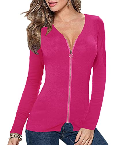 Image of Afibi Women V Neck Zip Front Long Sleeve Casual Top Blouse Shirt /Cardigan