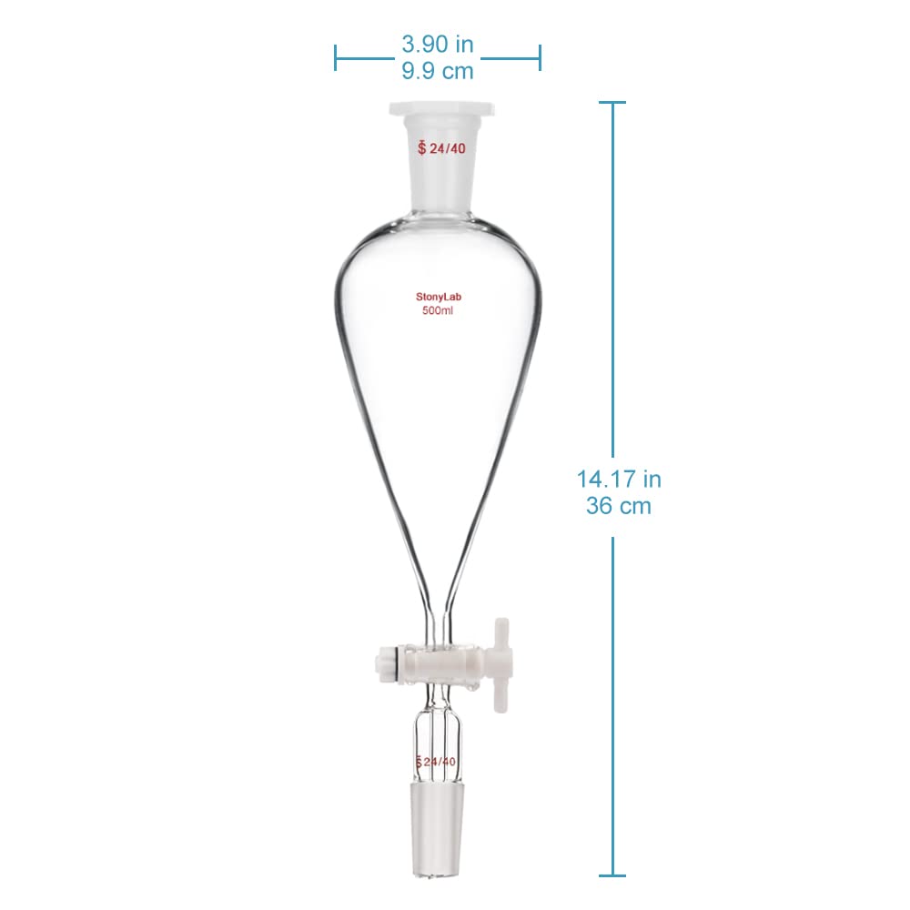 stonylab Scheidetrichter Glas, 500 ml Separatorentrichter mit PTFE-Absperrhahn Konischer Birnenförmiger Schwerwandiger Borosilikatglas Trenntrichter mit 24/40 Fugen