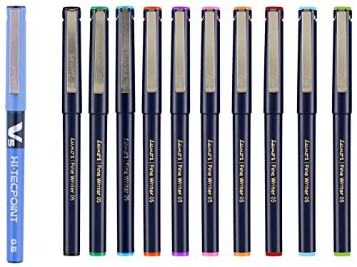 Image of Pilot V5 Roller Ball Pen Pack of 5 (Blue Ink) & Luxor Finewriter Assorted color (Pack of 10 Pen)