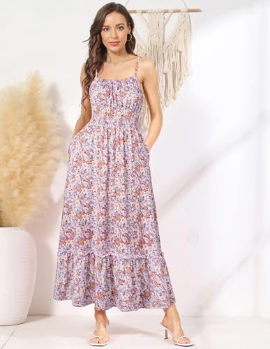 Image of GRACE KARIN Summer Dresses for Women 2026 Vacation,Smocked Floral Maxi Dresses,Boho Beach Long Sundress Purple Floral S