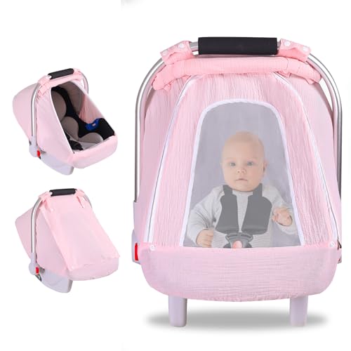 Image of Baby Car Seat Cover for Boys Girls, Muslin Car Seat Cover for Babies with Breathable Mesh Peep Window, Lightweight Kick-Proof Infant Car Seat Canopy, Outdoor Windproof Stroller Cover (Pink)