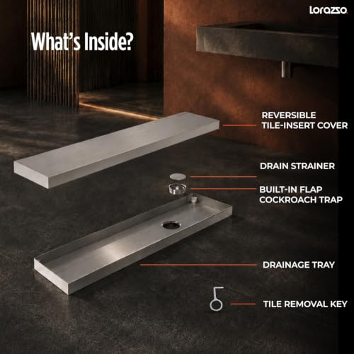 Image of Lorazzo Linea Tile-Insert SS304 Shower Drain Channel 18x4 Inch | Built-in Cockroach Trap | Stainless Steel Floor Drain | Silver Finish | Bathroom Shower Drain | 10 Year Warranty