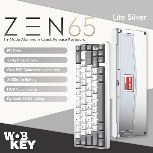 Image of KEEBMONKEY WOBKEY Zen 65 65% Quick Release Wireless Mechanical Keyboard with RGB, CNC Aluminum Case, Hot-Swappable, VIA Support, BT /2.4G /USB-C Gaming Keyboard for Mac /Windows (Lite Silver)