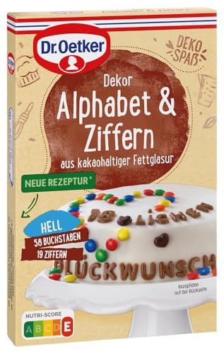 Dr. Oetker Schoko Alphabet u. Ziffern, 9 x 58 g, essbare Tortendeko, Schoko ABC zum Verzieren von Kuchen & Torten, Buchstaben und Zahlen aus Milchschokolade