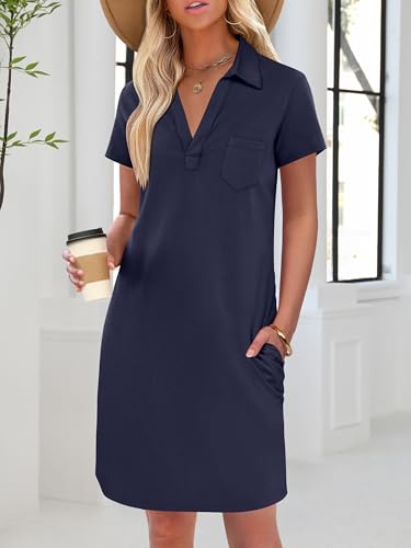 Image of ANRABESS Women Mini T Shirt Dress, V Neck Short Sleeve with Pockets, Soft Medium Stretch Trendy Summer Casual Beach Vacation