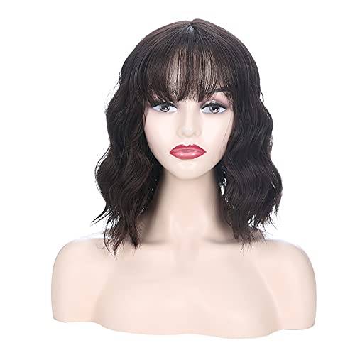 UANOU Wigs for women with Bangs , [Natural Looking] Synthetic Short Bob Brown Pastel Wavy Wigs , Curly Shoulder Length Heat Resistant Fiber Hair (14Inch , Brown）