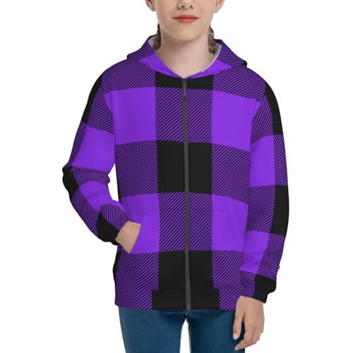 Purple Buffalo Plaid Kid Hoodies Boys Zip Up Sweatshirts Girls Pullover with Pocket3