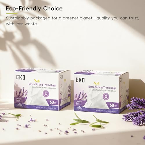 Image of EKO 21 Gallon / 50-90 Liter, 60 Count Drawstring Trash Bags, Extra-Strong Garbage Bags, Lavender Scent with Continuous Odor Control, Easy-Dispense Roll for Kitchen and Household Use, Code G, White