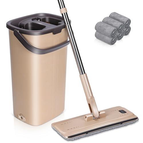 MASTERTOP Wischmopp Set mit Eimer, 138cm Flachmopp mit Edelstahlgriff und 6 Mikrofaser Moppkopf, Hand-Frei Bodenwischer mit Auswringfunktion für Hartholz Laminat Fliesen(Beige)