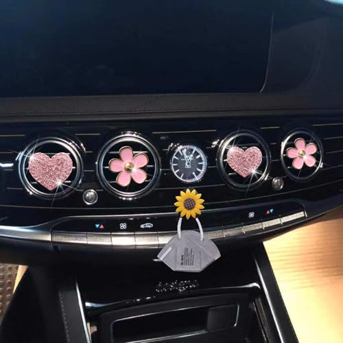 Image of 4 Pcs Pink Heart & Flower Pandent Air Vent Clips,Bling Heart and Flower Air Fresheners Vents Clips Diamond Car Interior Decor Bling Cute Car Accessories Decoration for Women+ Sunflower Mask Hook