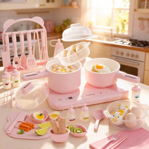 BICRET Juego de Cocina Eléctrica para Niños con Doble Fuego, Accesorios Completos, Incluye Utensilios de Cocina y Cuchillo de Chef Seguro, para Niños de 8 a 12 Años (Rosa)