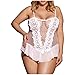 Body sexy pour femme - Grande taille - Lingerie florale en dentelle - Sous-vêtements sexy - Col en V - Justaucorps, Blanc 01, 3XL