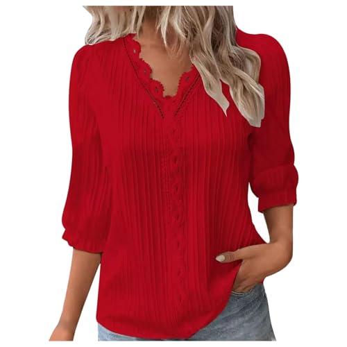 Spring/Summer : Elegant Cut Out 3/4 Sleeve Blouse for Women | Fashionable Resort Blank Shirts for Women (Red, L)