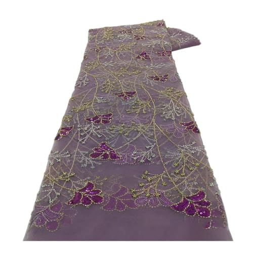 Tissu en dentelle tubulaire à paillettes fleurs robe de mariage violet 5 yards