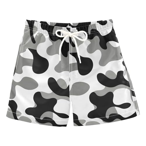 DOMIKING Camouflage Black White Toddler Boys' Swim Trunks Mesh Lining Swim Shorts for Kid Boy Toddler Adjustable Waist