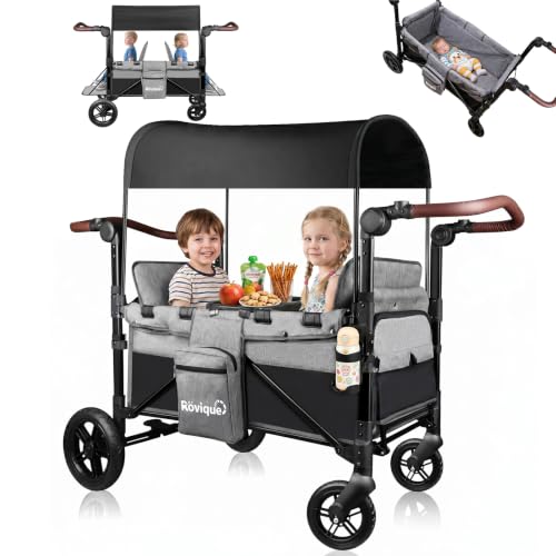 Rovique Bollerwagen faltbar mit 2 Sitze Premium Bollerwagen für 2 Kinder mit Dach Kinderwagen Handwagen mit 5-Punkt-Gurt Snack Tablett Sonnenschutzdach geländegängigen PU-Rädern grau