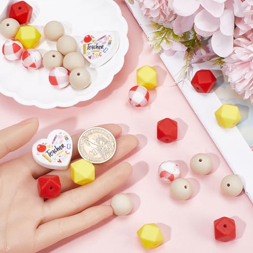 SUNNYCLUE 1 Box 27Pcs 15mm Teacher Silicone Beads Rubber Beads Bulk Soft Characters Back to School Hexagon Round Loose Spacer Focal Bead for Keychain Making Pens Lanyards jewellery Bracelet DIY Craft - Image 3