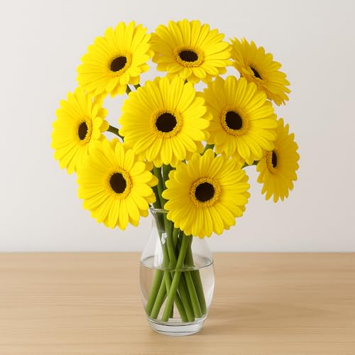 Image of Garden Art Artificial 5 Pcs Gerbera Flower Sticks, 33 cm, RealTouch Natural Looking | Silicone Decorative Bunch for Home GAAGFB-1H-33Y (Yellow)
