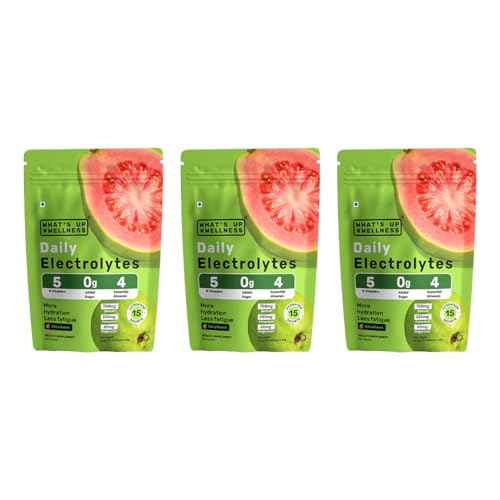 Image of What's Up Wellness Daily Electrolytes Powder - Juicy Guava Flavour | Zero Added Sugar | Instant Hydration - Sodium, Potassium, Magnesium & Zinc | Vegan - 45 Sachets | Pack of 3