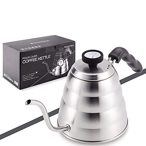Chaleira de café de aço inoxidável com termômetro, bico fino de ganso para servir sobre o pote de ca