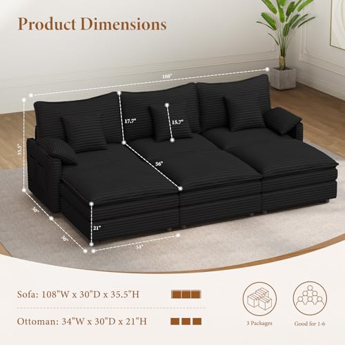 Image of Vesgantti 108 inch Sectional Sleeper Sofa, 6-Seater Oversized Modular Cloud Couch with Movable Ottoman, Corduroy Large Sofa Bed Convertible Deep Seat Couches for Living Room, Bedroom and Apartment, Black