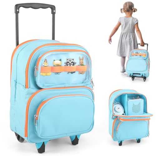 RZYLKA 2-in-1 Rolling Backpack for Toniebox 1 & 2, Blue Travel Carrying Case for Boys with Wheels Organizer Storage Bag, Holds for Toniebox, 30+ Tonies Characters, Headphones & Charger