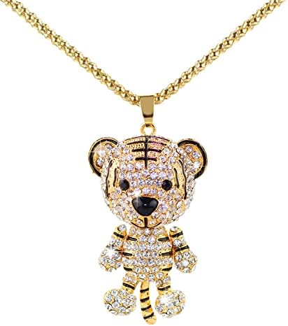 BeeChamp Rhinestone Cute Tiger Pendant Necklace Christmas Sweater Chain
