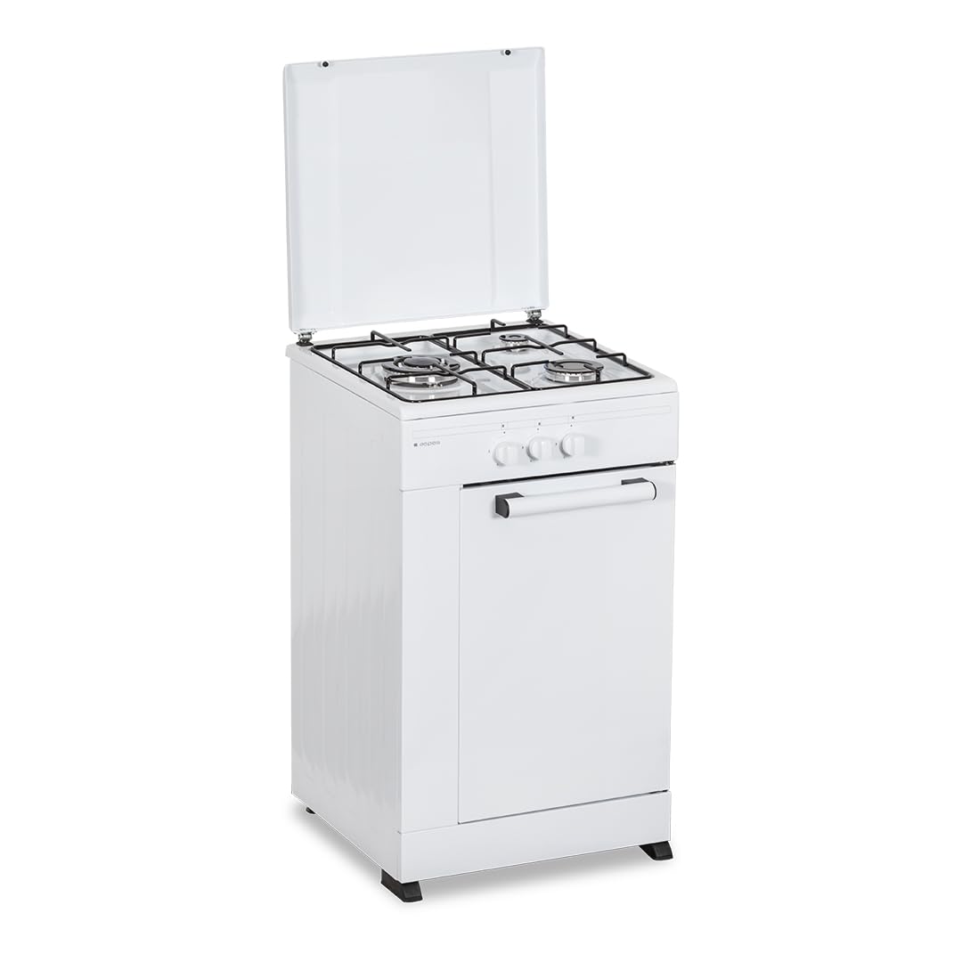 Aspes Cocina Gas Butano 3 Zonas de Cocción, Blanco AKG3500PB. Control Manual, Quemador WOK triple llama, Compartimento Bombona, Tapa Abatible