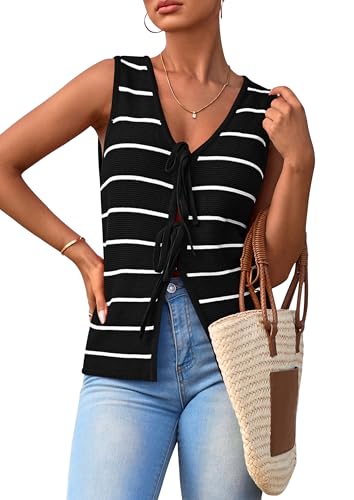 NALANISA Women's 2025 Summer Trendy Tank Tops Crochet Knit V Neck Sleeveless Tie Front Striped Sweater Vests Beach Outfits