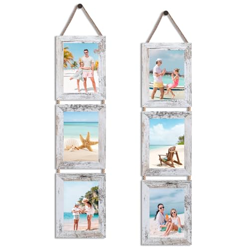 QUTREY 5x7 Collage Picture Frames, 6 Openings Hanging Photo Frame Set Display Vertical 5 by 7 inch Pictures for Wall Decor, Distressed White, 2 Pack