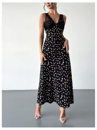 Milumia Women's Contrast Lace Ditsy Floral Long Dress V Neck Sleeveless Split Thigh Elegant Dresses4